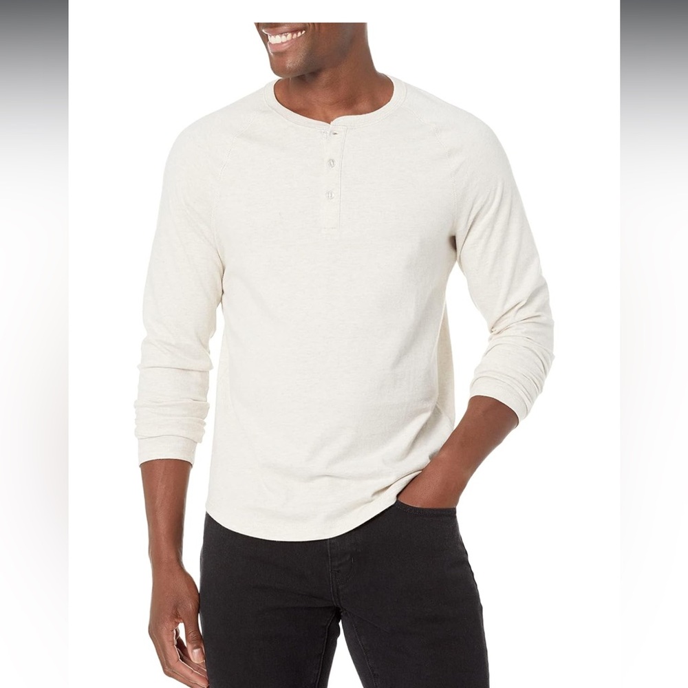 Amazon Essentials Men's Slim-Fit Long-Sleeve Henley Shirt- Large- oatmeal Heathe